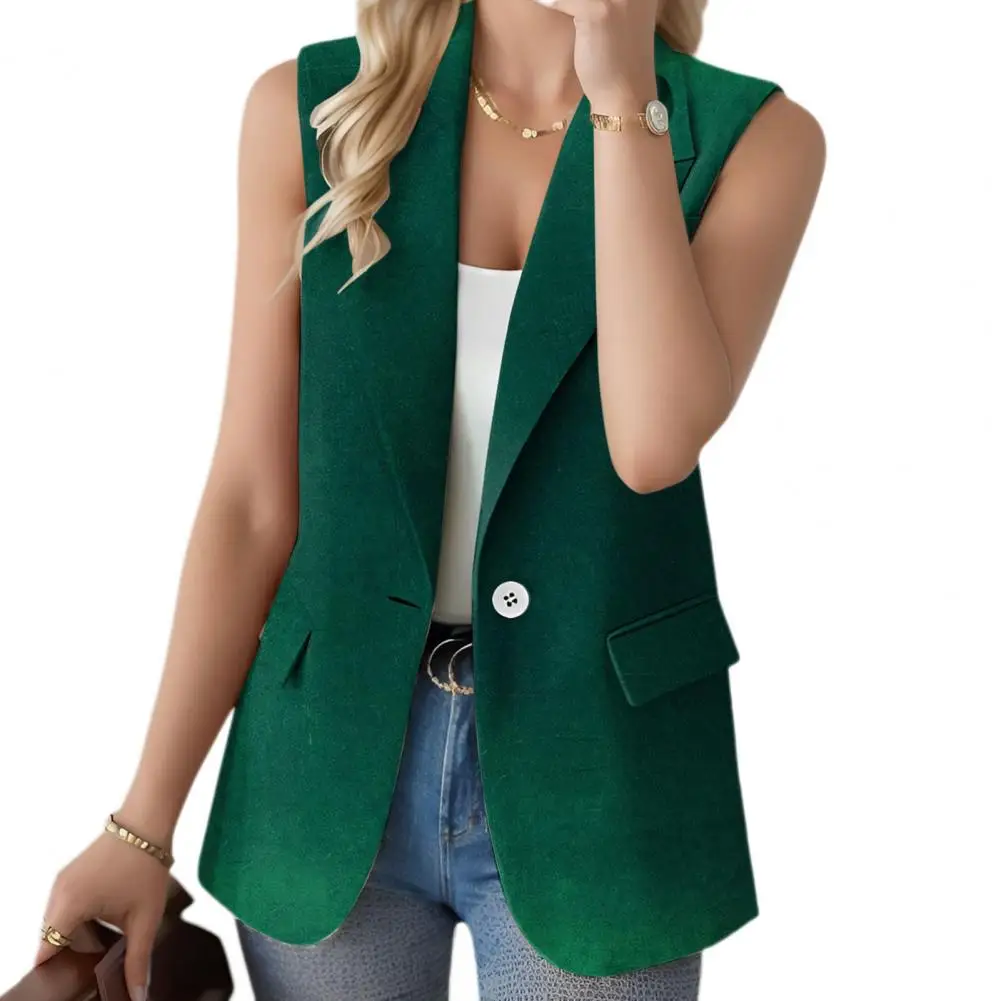 

Summer Waistcoat Women Lapel Sleeveless Single Button Suit Vest Flap Pockets Mid-length Work Office Vest Coat