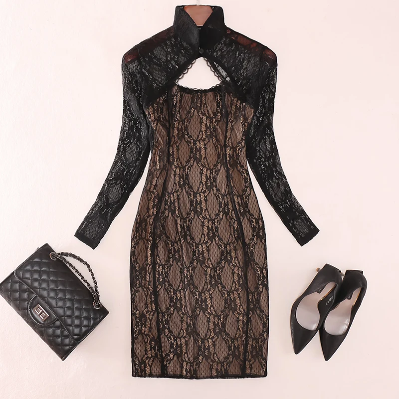 

Retro 50s60s Sexy Slim Fit Low Cut Open Back Qipao Dress Fashionable Long Sleeved Women's Short Lace Gothic Hepburn Dress