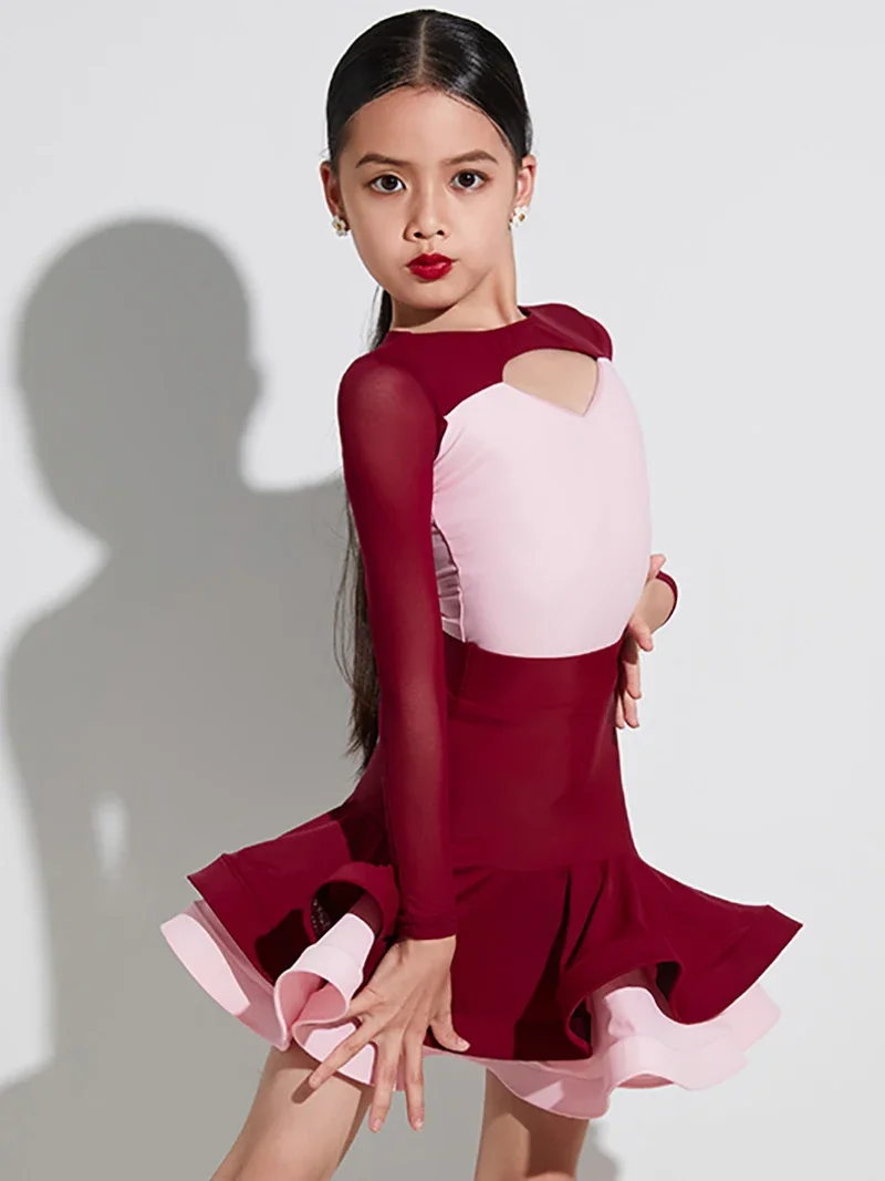 Vestido de baile latino con falda grande y dobladillo, traje rojo de malla de manga larga para niñas y niños con falda, conjunto de actuación de práctica, trajes de baile