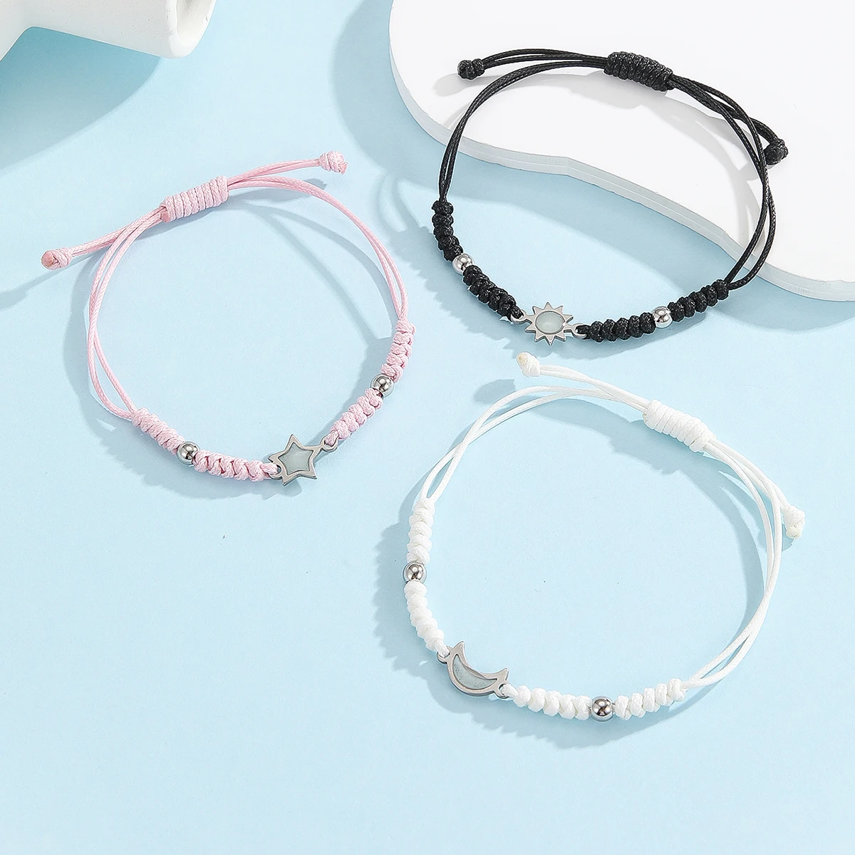 3 قطع/مجموعة من إكسسوارات الكرة الفولاذية المقاومة للصدأ المضيئة للشمس والقمر والنجوم، حبل عصري منسوج يدويًا