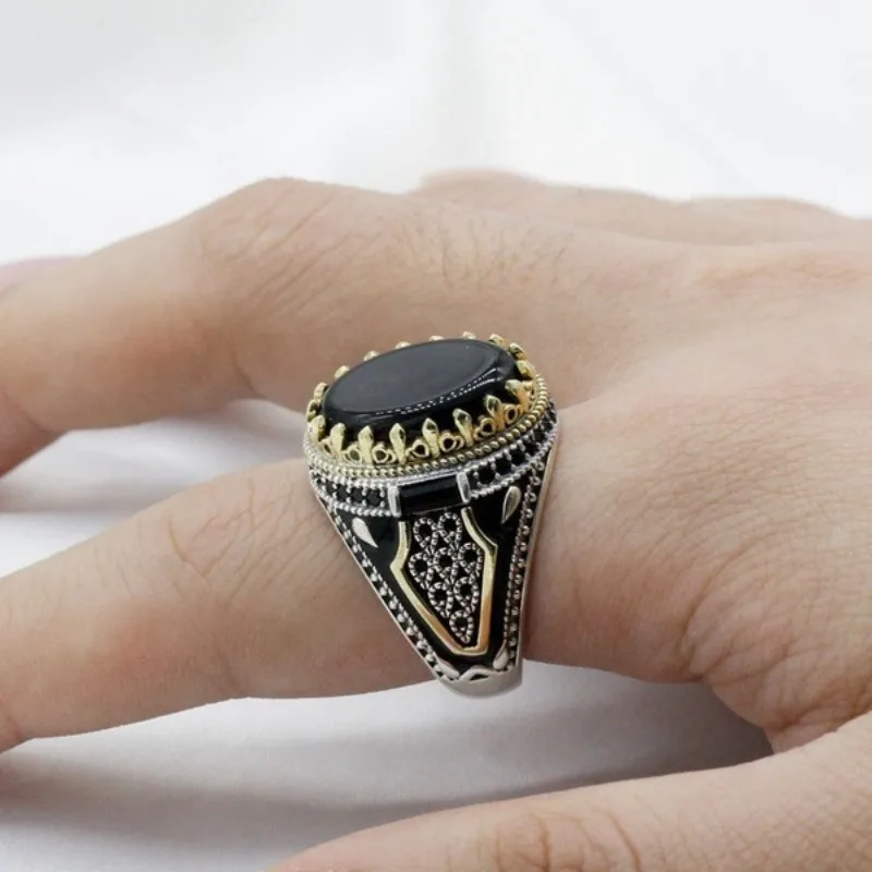 New Wholesale Personalized Retro Simple Two-Color Men's Ring Black Agate Jewelry