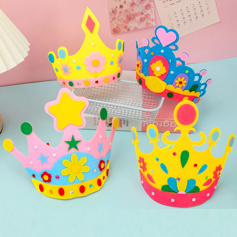 

4Pcs Children's Handmade DIY Crown Headwear Non-woven Kindergarten Creative Handwork Paste Material Kit Kids Birthday Gift