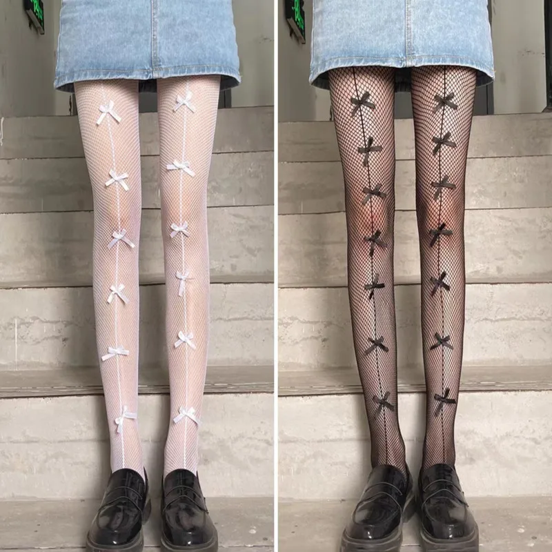 

Bow Y2K Fishing Net Socks Women Summer Japan Korea Sexy Lolita Thin Stockings Hollow Out Legs Black Silk Bottom JK Pantyhose New