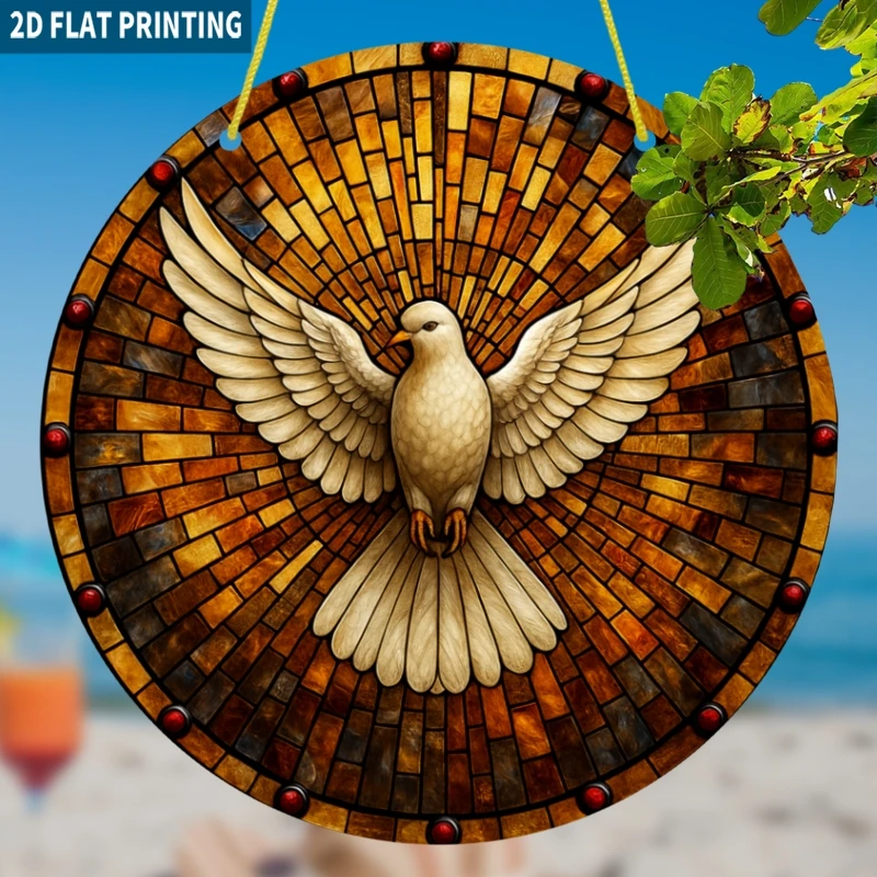 Acrylic Painting White Dove of Peace Stained Glass Style Round Wall Decor, 2D Flat Printing Spiritual Bird Window Hanging Sign,