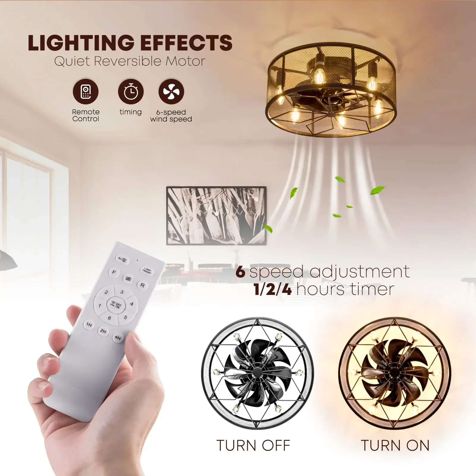 Kipas langit-langit Flush Mount Farmhouse, perlengkapan lampu plafon profil rendah kecil dengan lampu Remote Control