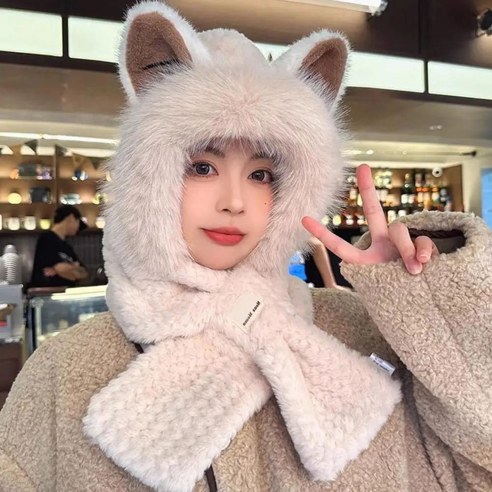 New Cute Bear Ear Hat Scarf Gloves Set Winter Women Beanies Caps Warm Casual Plush Hats Casual Solid Fleece Girl Kawaii Present