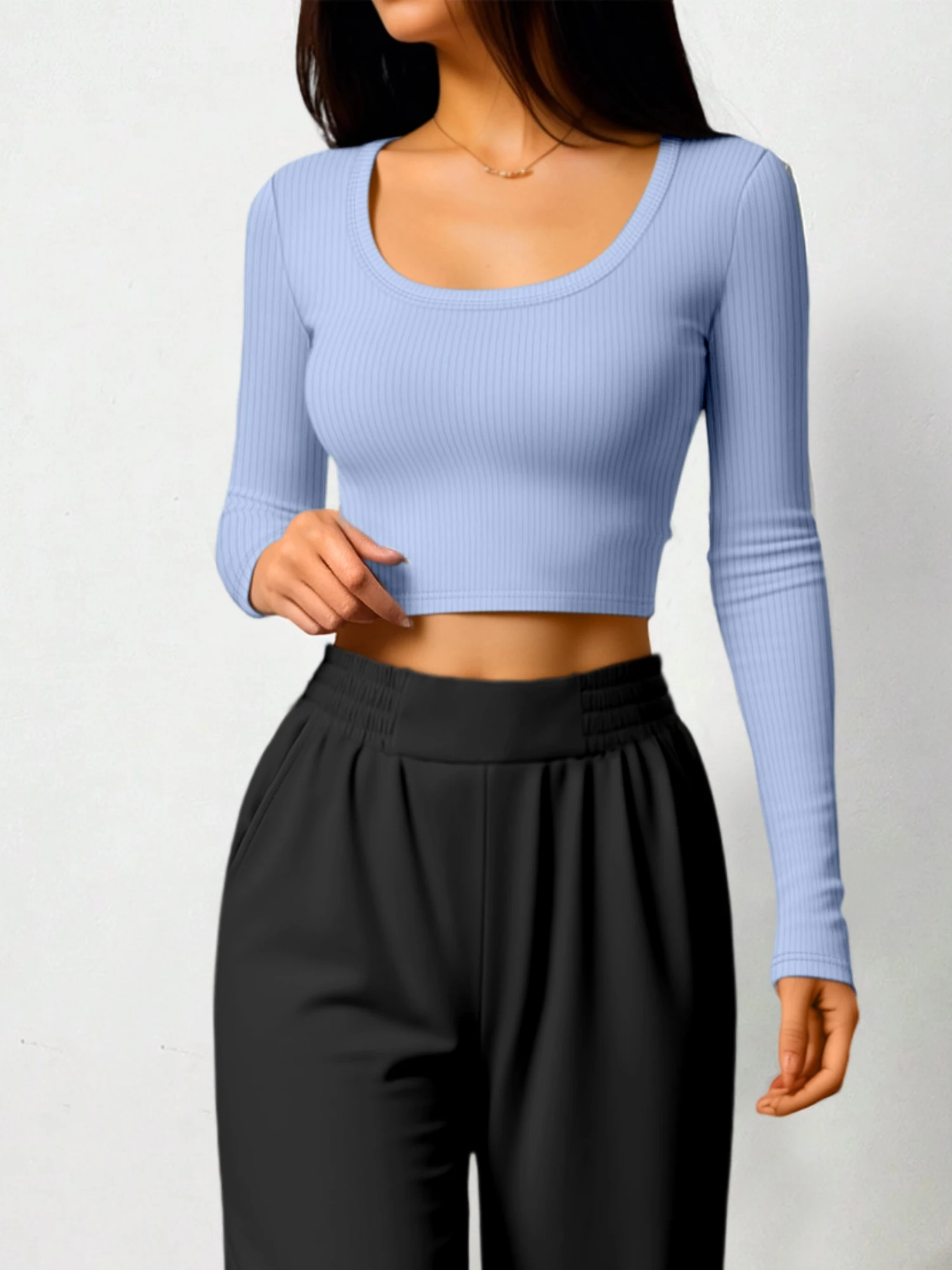Cool Y2K Ribbed Crop Shirt, Long Sleeve Wide Square Neck Tee for Girls’ Night Out & Trend Wardrobe