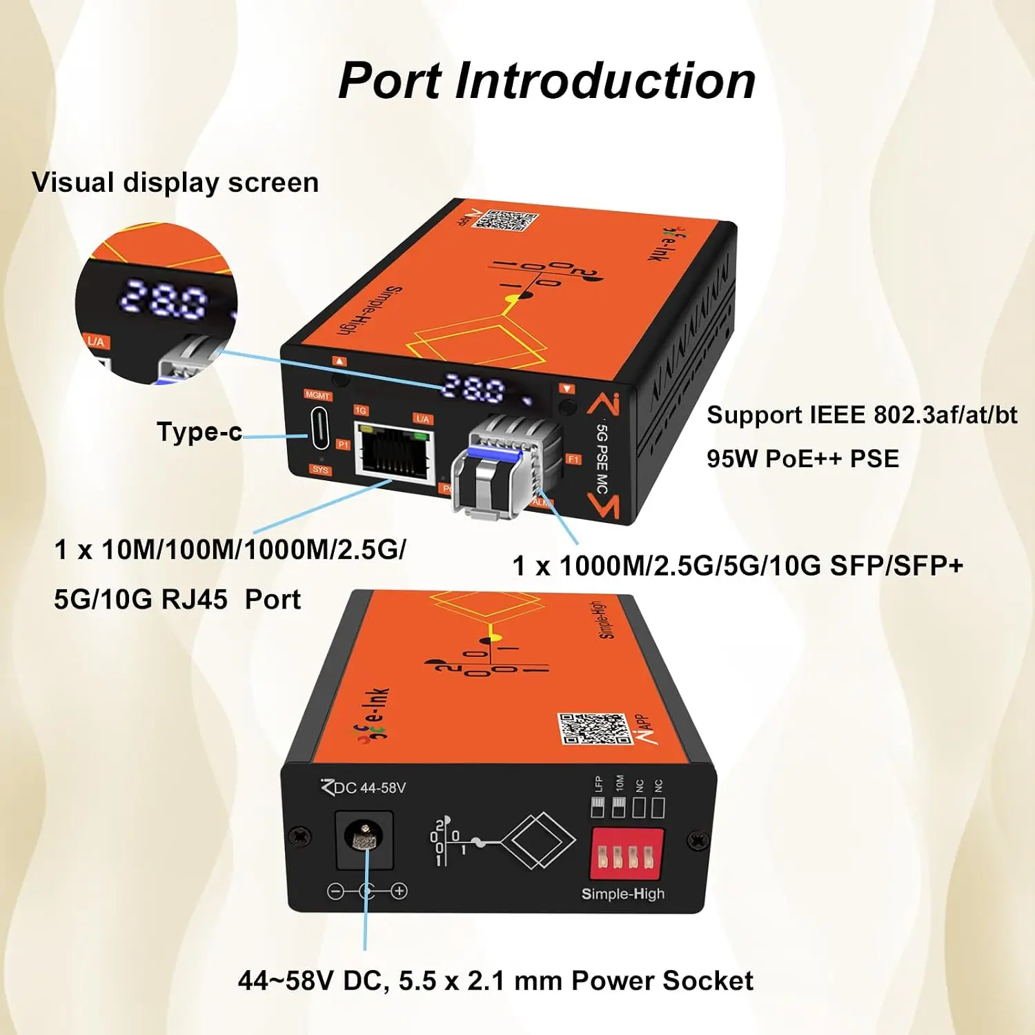 1×10/100/1000Mbps RJ45+ 1 SFP Port Mini Industrial LED display APP/Web management AI Smart Managed PoE+ Fiber Media Converter