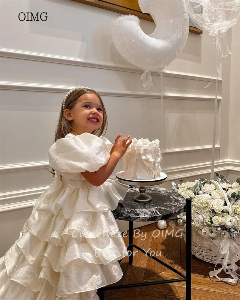 OIMG Puff Sleeves High/Low Flower Girl Dresses Multi-layer Wedding Party Dress Long Tail Birthday Dress בגדים לילדות Customized