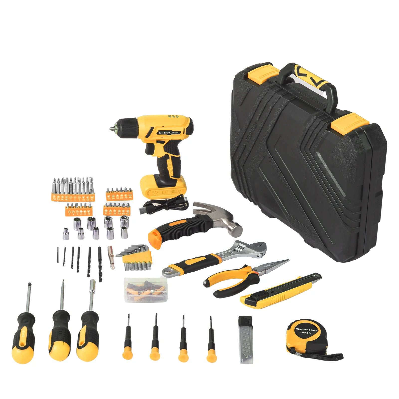 Ensemble de perceuse sans fil avec étui portable, kit d'outils pour la maison avec perceuse, kits d'outils à main de réparation, 8V, 146 pièces