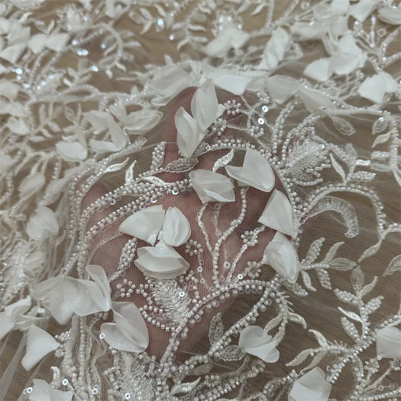 New Hot Width 130 CM 3D Unique Flower Bead Off White Hiqh Quality Wedding Gown Applique Lace Fabric