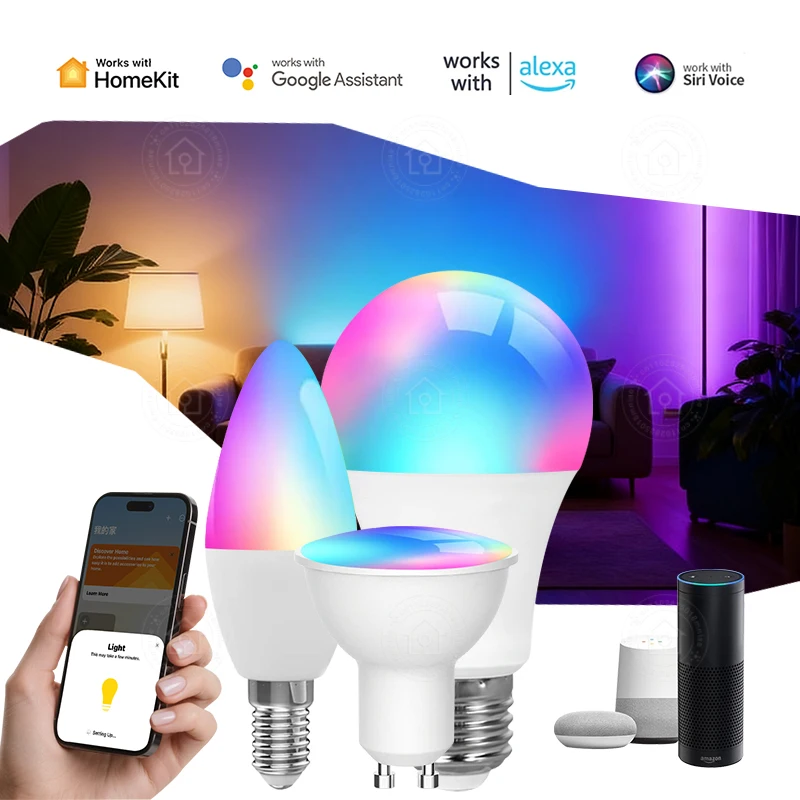 MFI معتمد Homekit WiFi الذكية LED ضوء لمبة GU10 E14 E27 RGB مصباح سيري التحكم الصوتي Homekit أليكسا جوجل المنزل يعتم