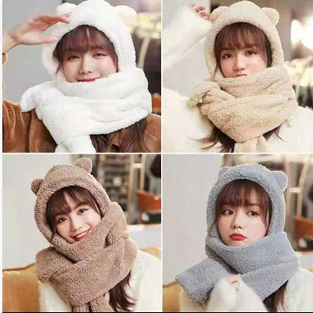 New Winter Bear Ear Plush Hat Balaclava with Ears Warm Scarf Gloves Set Hat For Women Girl Fleece Beanies Caps Bonnet Femme