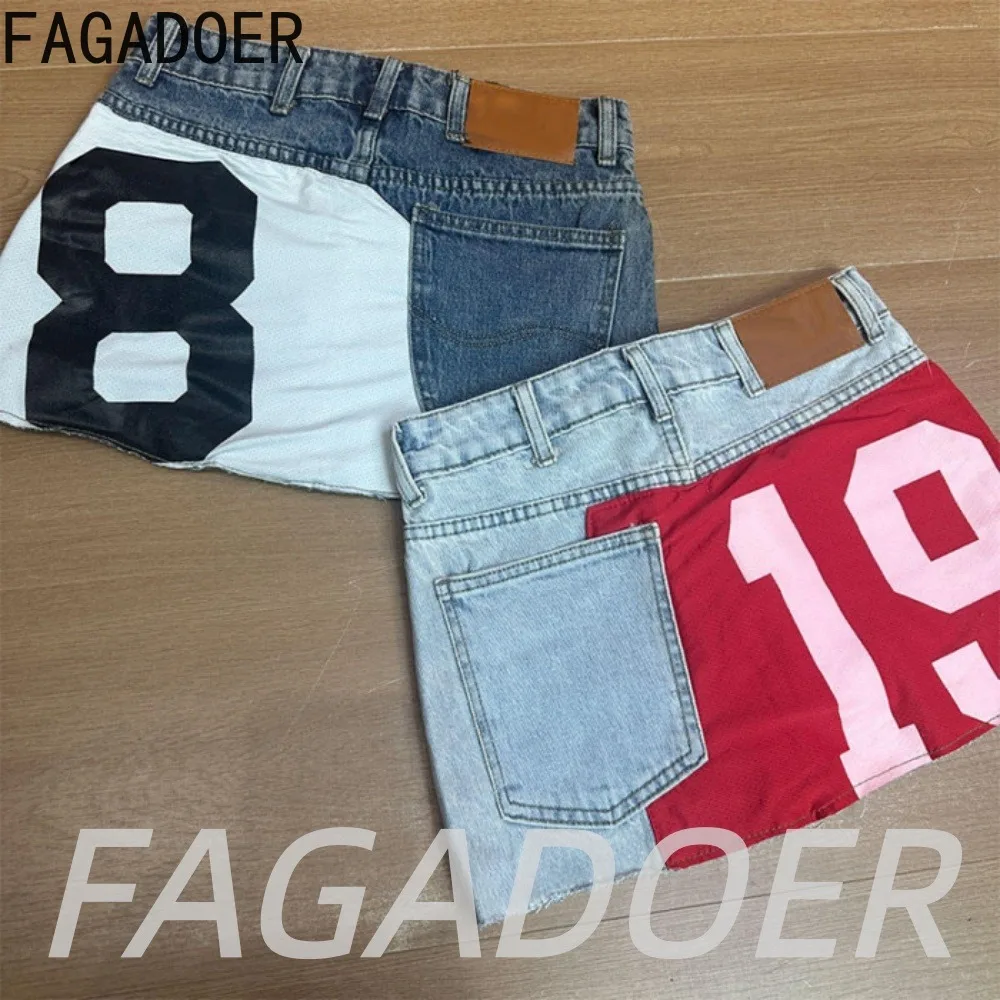 FAGADOER Y2K Women Denim Mini Skirts Summer Streetwear Color Block Number Patchwork Low Waist Frayed Hem Ultra Short Skirts New