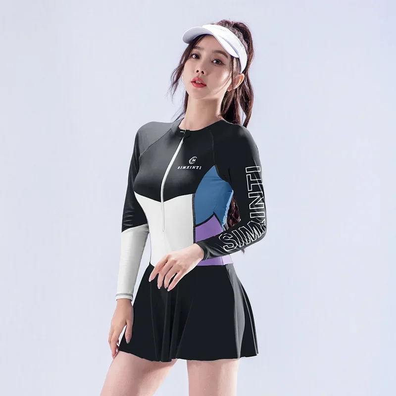 

2025 Zipper One Piece Rash Guards Swimsuit Women Swimwear Sexy Chest Padded Dress Surf Bathing Suit Korean Monokini Beach Wear