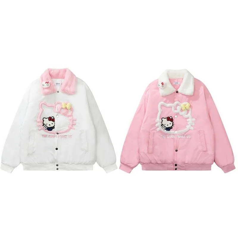 Cute Hello Kitty plush embroidered cotton coat for women cartoon kawaii girl heart winter casual warm cotton coat birthday gift