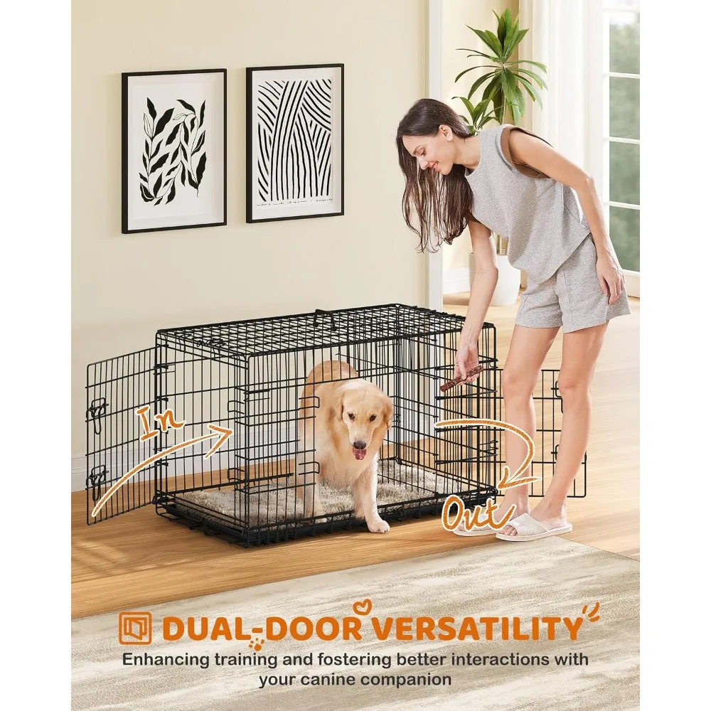 Double Door Dog Crate W/Divider for Puppy To Adult Collapsible Metal, with Removable Tray Wire Dogs Kennel Pet Crate, Cages