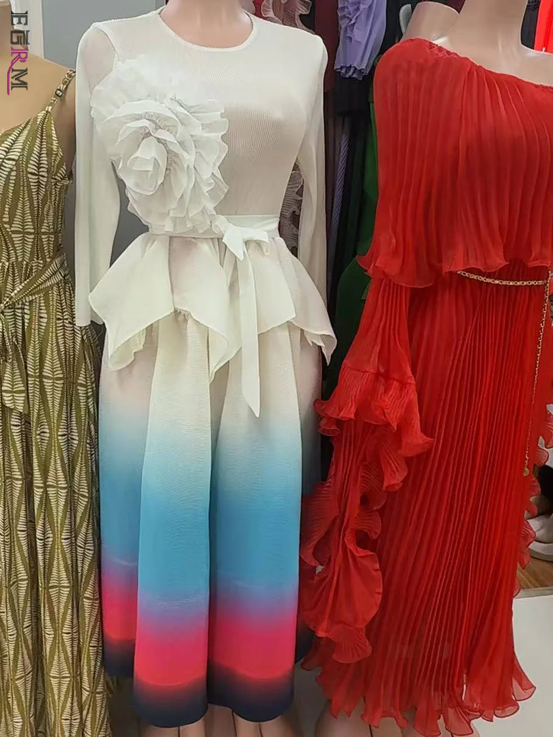 EGRM Miyake Pleated Flower Belt Dress Sets 2025 New Original Designer Tops + Gradient Color A Line Skirt Women's Two Peice Sets image 4