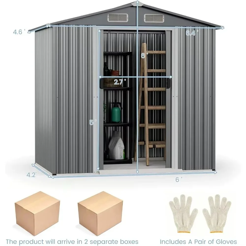 Outdoor Storage Shed, Weather-Resistant Galvanized Metal Tool House w/ 4 Air Vents, Lockable Sliding Doors, Ramp,