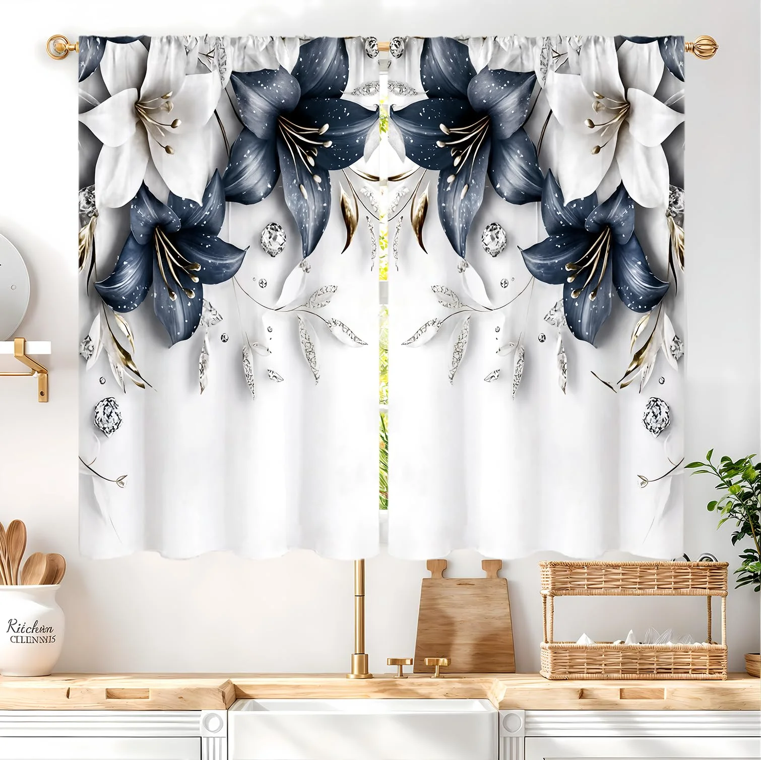 VIKAMA Küchenvorhänge mit Blumenmuster, modern, minimalistisch, blau und weiß, dekorative Verdunkelungsvorhänge, Heimdekoration