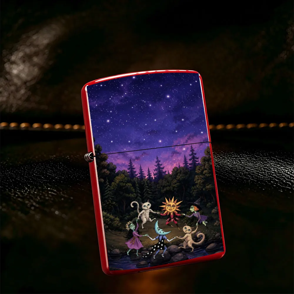 Pocket Lighter, Flip-Top Windproof Design, Metal Case with Vintage Print of Dancing Figures Around a Lake, Ergonomic Grip, Portable & Durable