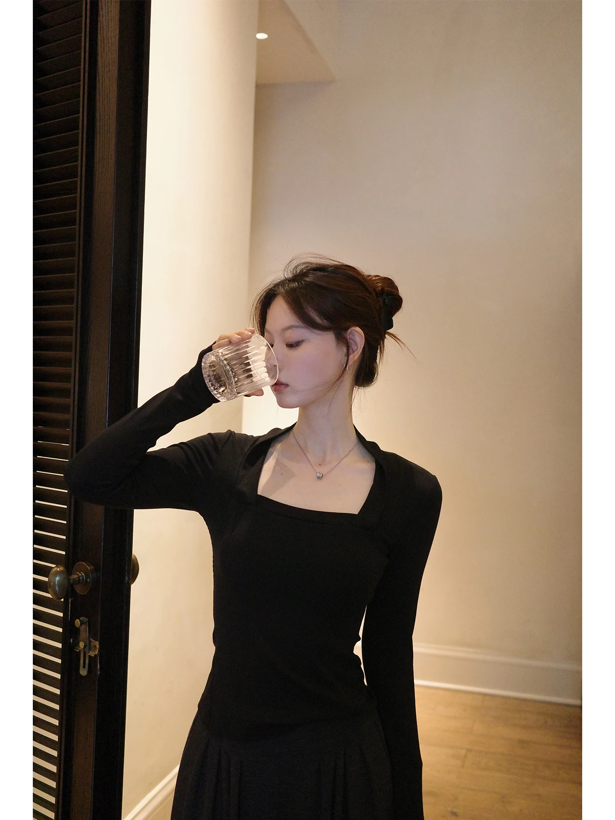 

Ele Girl Ballet Knitted Collar T-irt 4 Colors Women's Faion Long Sve Square Collar Premium Quali Cotton Tee