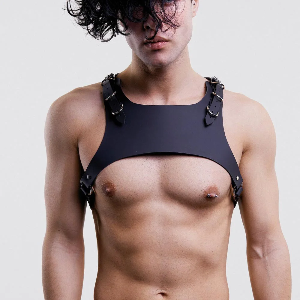 

Gay Punk Sexy breast Harness Men Open-chested Genu Leather Harness Vest Starps Male Mature Leather Shoulder Belts Body Bondage