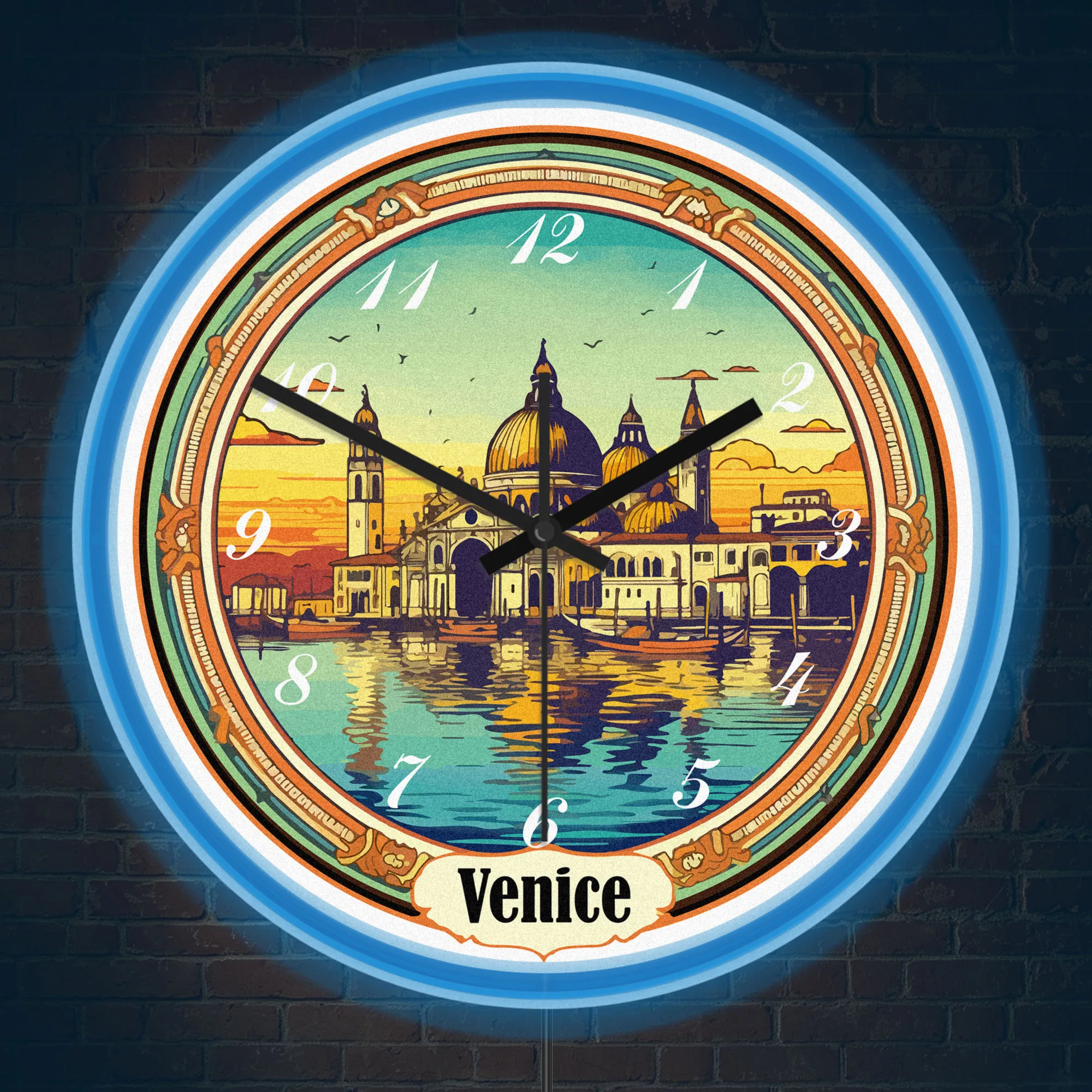 Vintage Venice Travel Poster LED Lighting Wall Clock Glow in Dark Italian Cityscape Retro Neon Rim Light Wall Clock Travel Gift