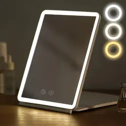 Espejo de maquillaje plegable con pantalla táctil, 3 colores, modos de luz, espejos cosméticos, espejo LED plegable recargable por USB