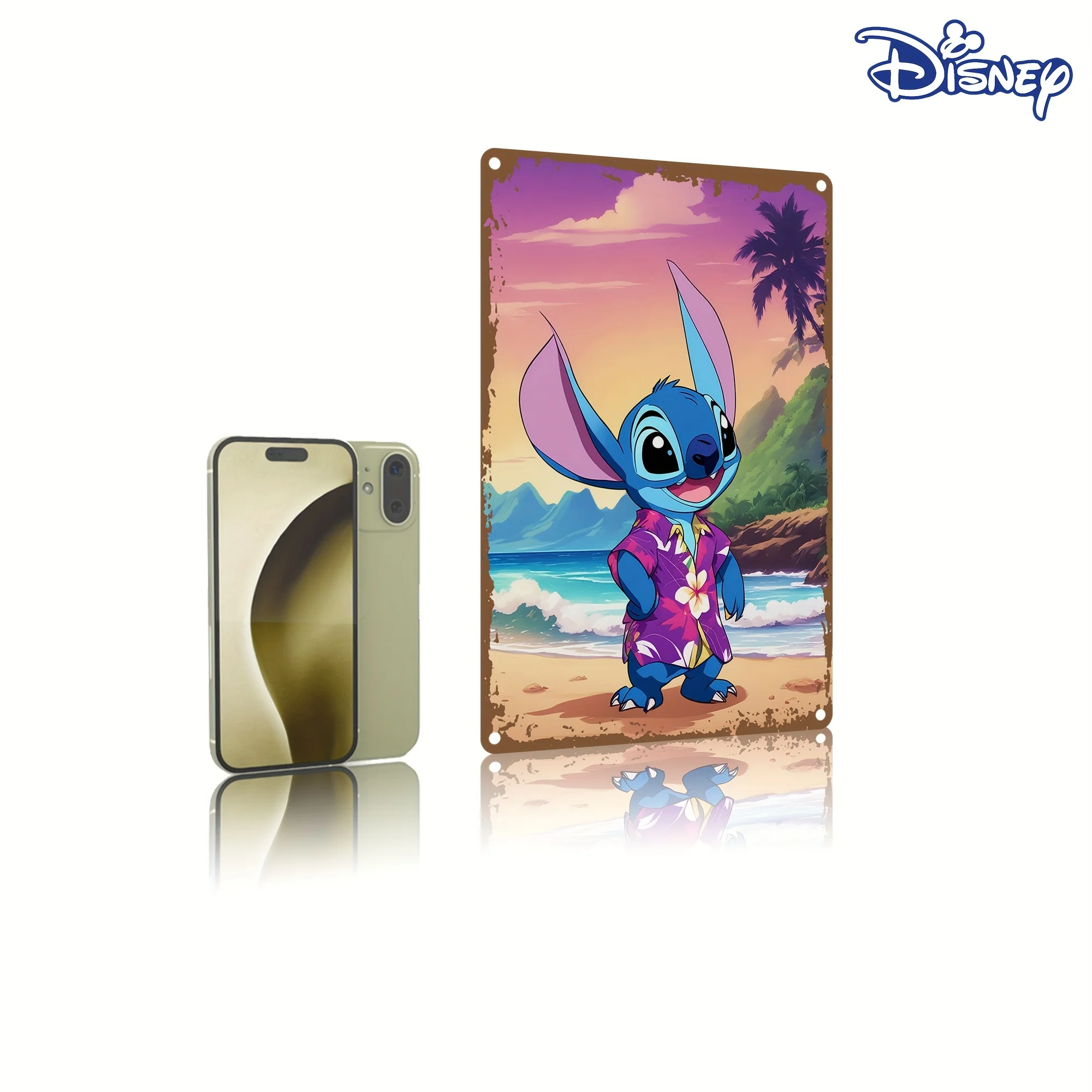 قطعة واحدة من لافتة ديزني ستيتش المعدنية من القصدير - لوحة فنية جدارية على الشاطئ الاستوائي مع أشجار النخيل وموجات المحيط، ديكور حديد متين مقاس 8 × 12 بوصة