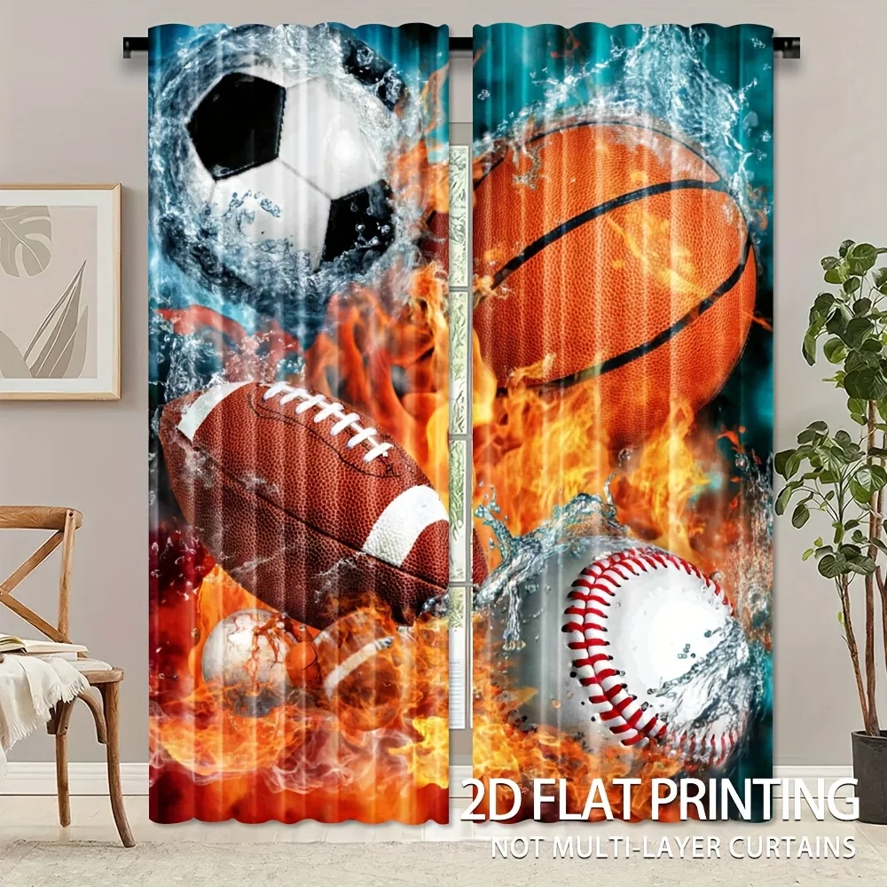 Fire Water Mixed Sport Balls Blackout Rod Pocket Curtain Soccer Basketball Baseball Decor Teen Homestay Bedroom Rest Bay Window