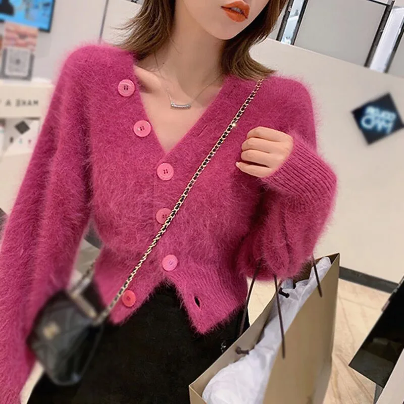 Long Sleeve V Neck Sweater Cardigan Imitation Mink Fleece Lantern Sleeves Sweet Retro Tops Woman clothes tops woman 2024