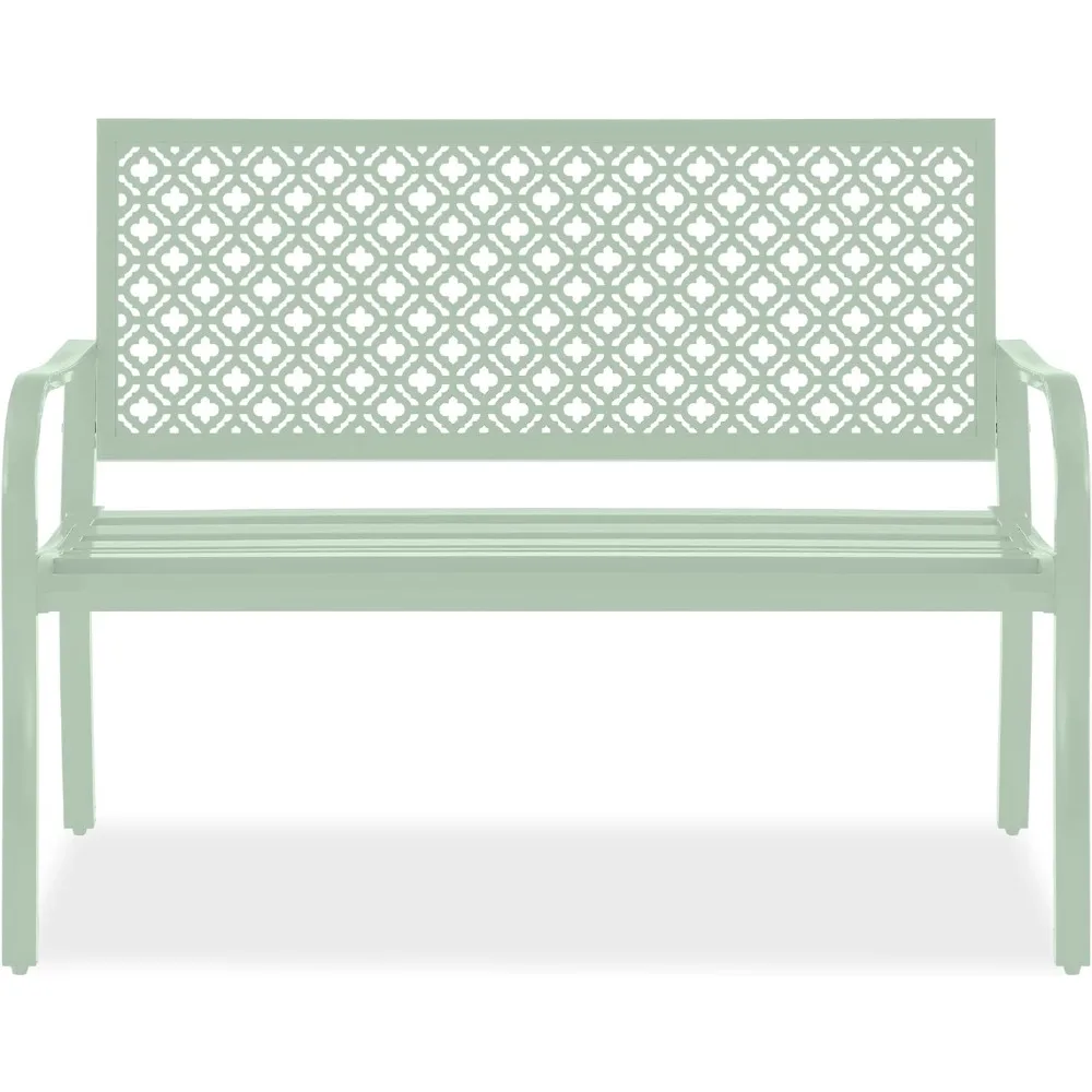 Outdoor Bench 2-Person Metal Steel Benches Furniture for Garden, Patio, Porch, w/Geometric Backrest, 790lb Capacity - Mint Green