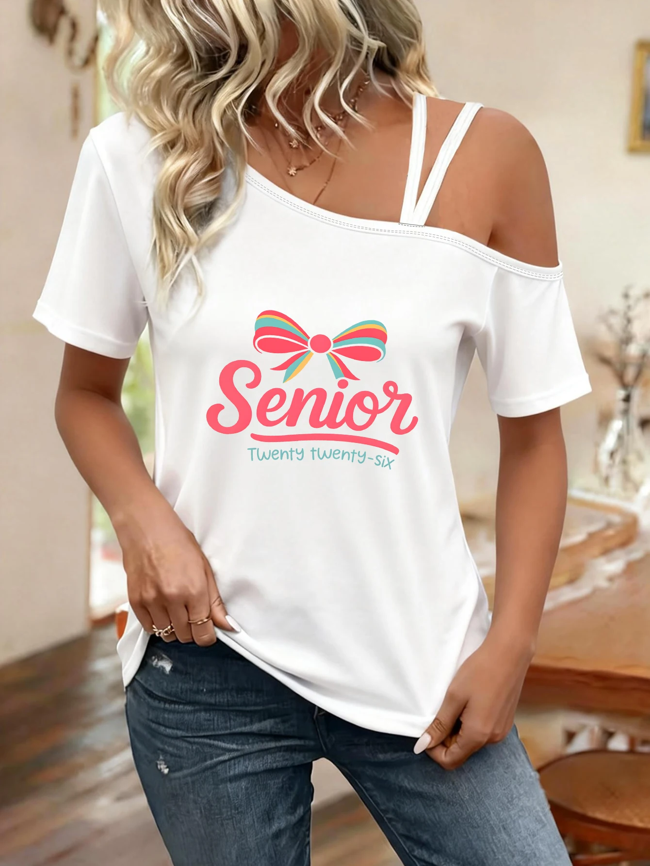 Printed Y2K Style Spring and Summer Hot-Selling Women's Fashion Casual Sports One-Shoulder Strap Short-Sleeve Top