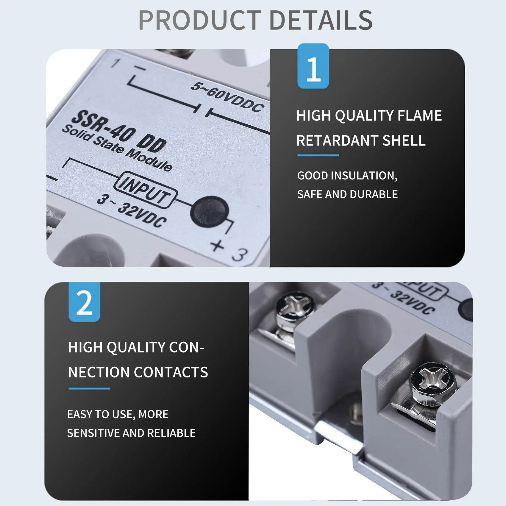 DC-DC Relay Solid State fase tunggal SSR-40DD 40A DC3-32V DC5-60V putih + perak