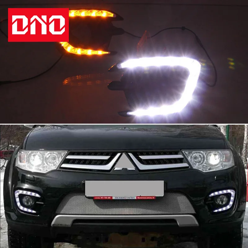 

Car LED Daytime Running Headlamps For Mitsubishi Montero Pajero Sport 2013 2014 Daylights Yellow Turn Signal DRL Car Foglamps