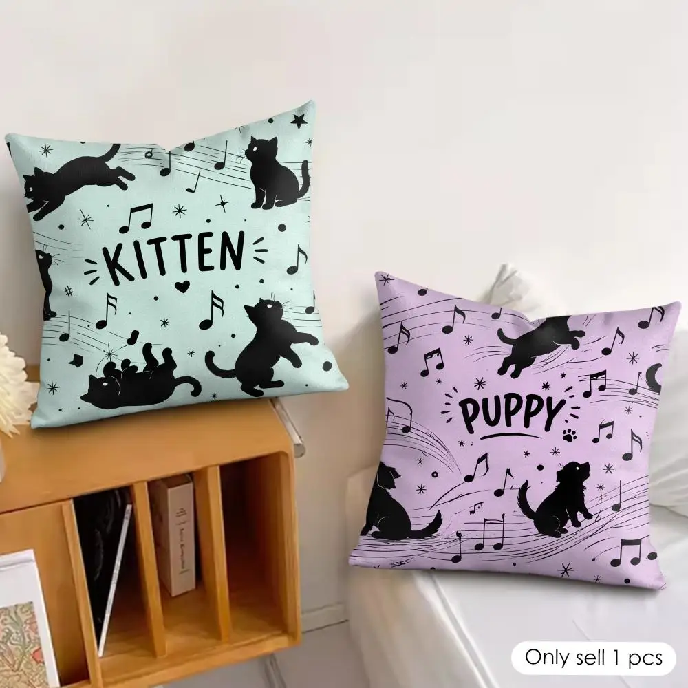 Cute Black Dog Cat Music Cushion Cover Square Pillow Bedroom Sofa Leisure Comfort Living Room Home Decoration 40X40