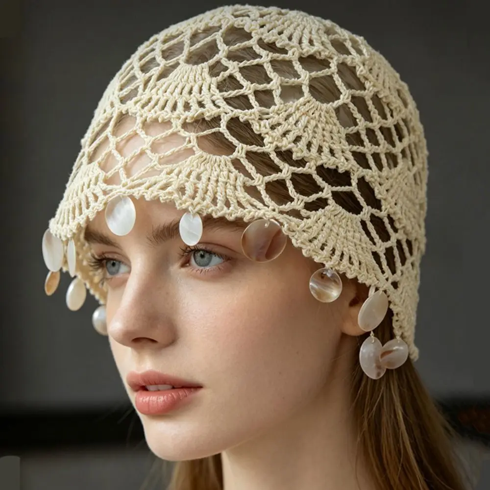 Fashion Elegant Hollowed Out Knitted Hat Solid Color Ethnic Style Shell Tassels Hat Korean Thin Bohemian Style Beanies Outdoor