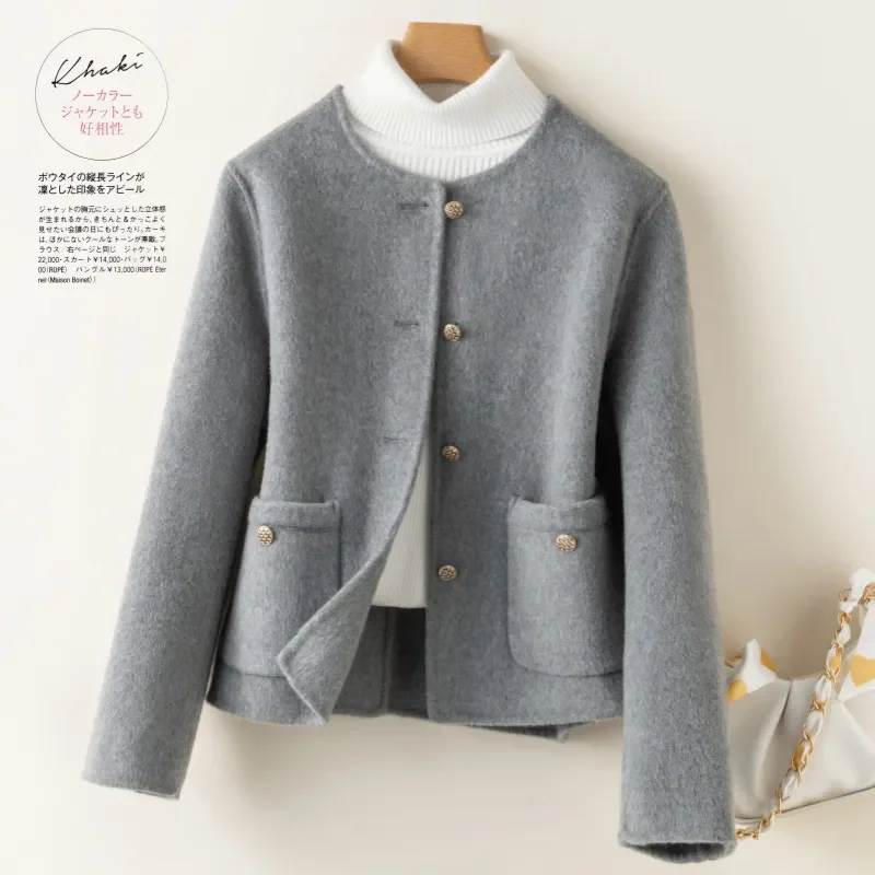 Double-Sided Cashmere Coat Women Short 2024 Autumn Winter New O-Neck Single-Breasted Faux Wool Jacket Female Loose Outwear T864