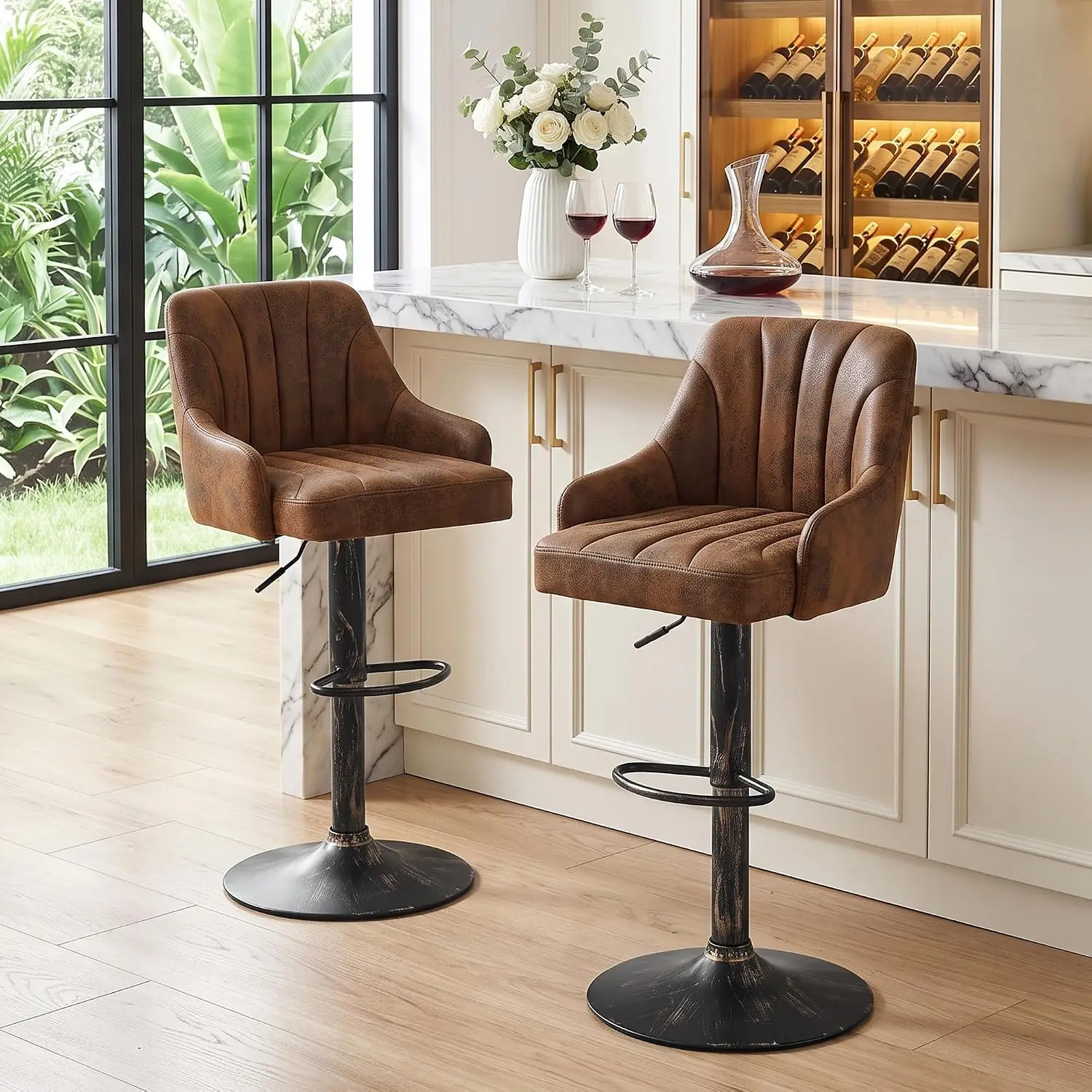 Bar Stools Set of 2, Adjustable Counter Height Barstools with Back and Arm, Swivel Bar Chair Stools for Kitchen Counter Island