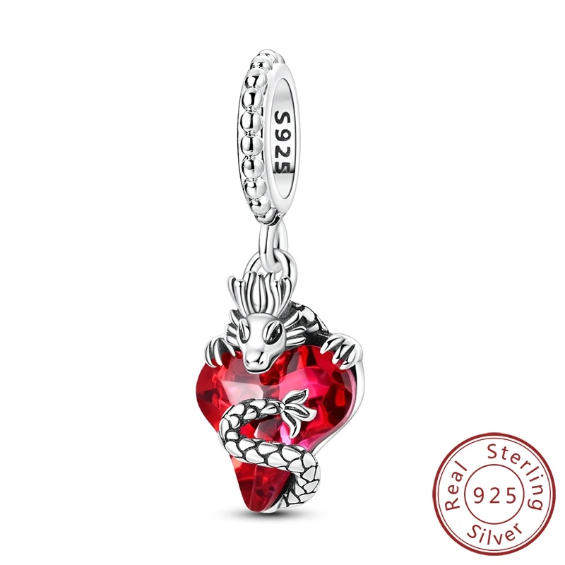 

925 Sterling Silver Red Heart Chinese Dragon Pendant Long Charm Fit Original Charm Bracelets Women DIY Jewelry Gift