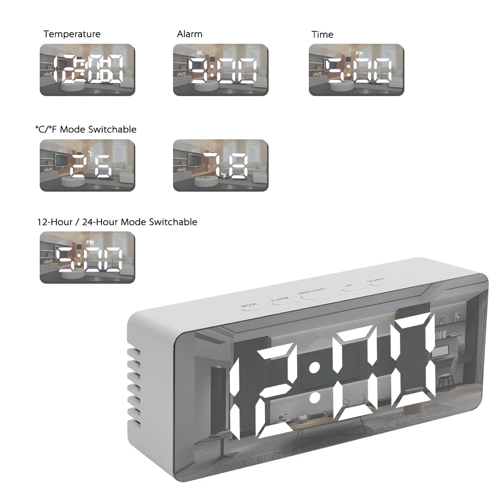 USB & Battery Operated Desk Table Alarm Clocks Mirror Clock with Snooze Function Digital LED Display Desktop Clock Thermometer