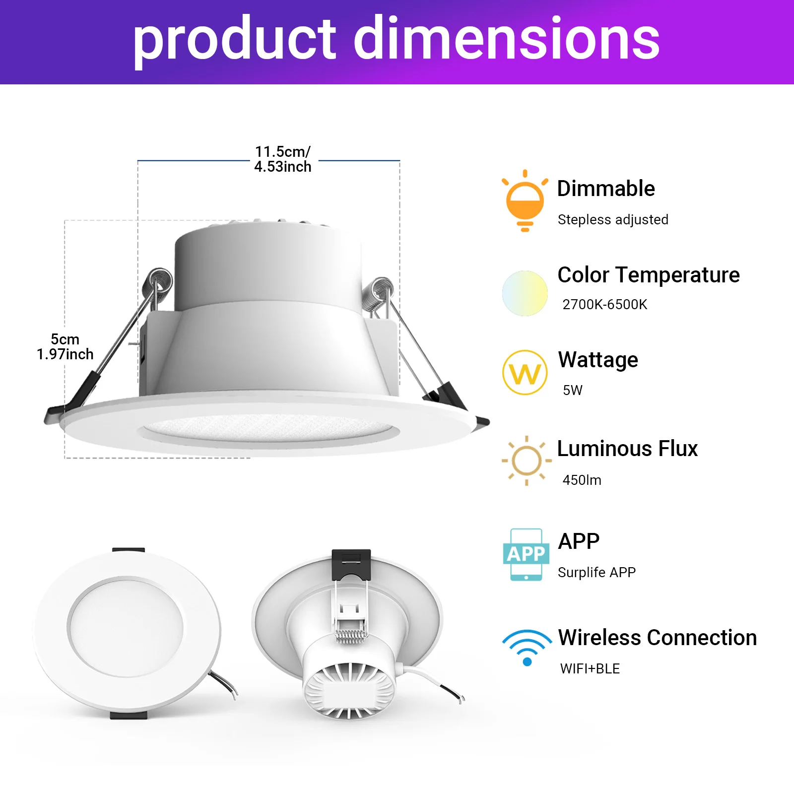 Luz empotrable LED inteligente con WiFi y Bluetooth RGB + CCT que cambia de color: compatible con Alexa y Google Home, luz de sincronización de música regulable