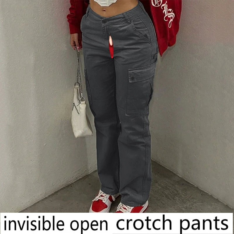 Invisible Crotch Pants Women's Denim Gray Overalls Straight Multi-pocket Jeans  Play Field Sex Free and Convenient Flare Jeans