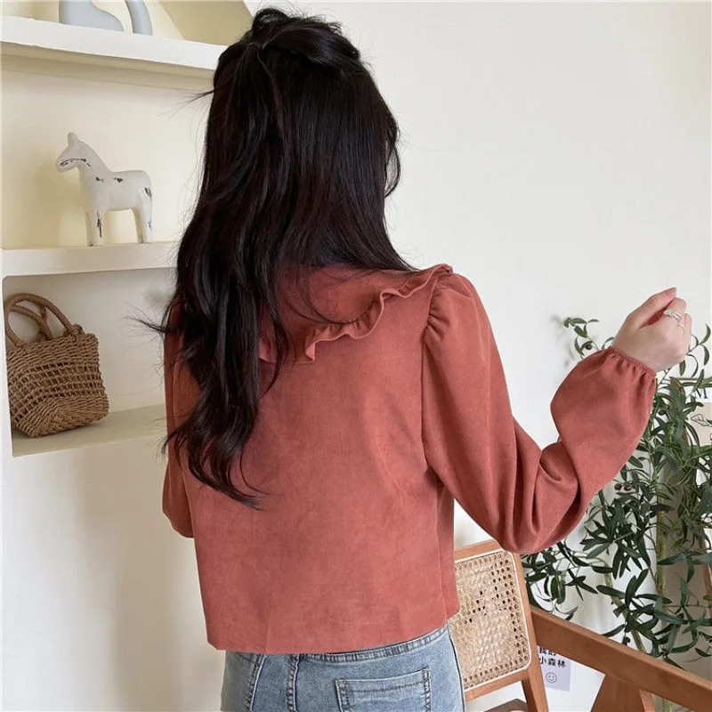 Shirts Women Sweet Vintage Solid French Style Gentle Peter Pan Collar Ruffles Simple Autumn Fashion All-match Casual Chic Loose