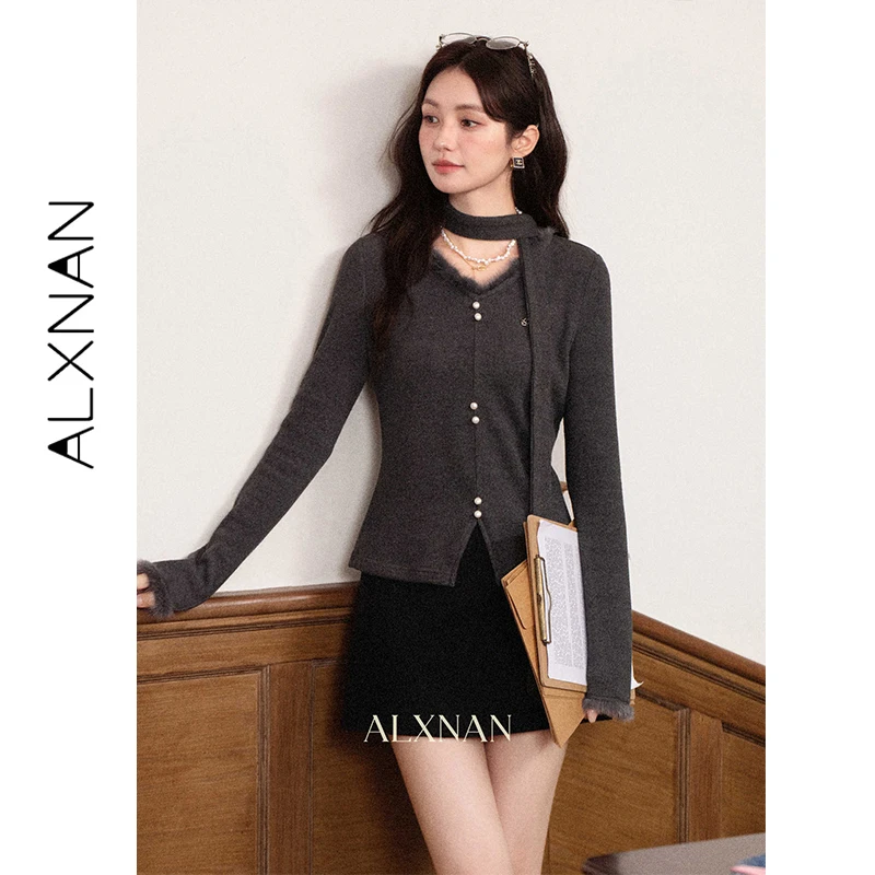

ALXNAN Women's V-neck Long Sleeve T-Shirt Korean Style Gray Tee 2026 Spring Fur-trimmed Beaded Button Top Included Ribbon L60905
