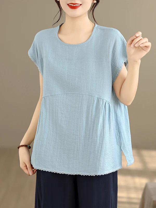

Summer Heavy Embellished Ruffle Hem Loose round Neck Shirt for Women Tagless T-Shirt Comfortable Breathable Fly Sleeve Thin M...