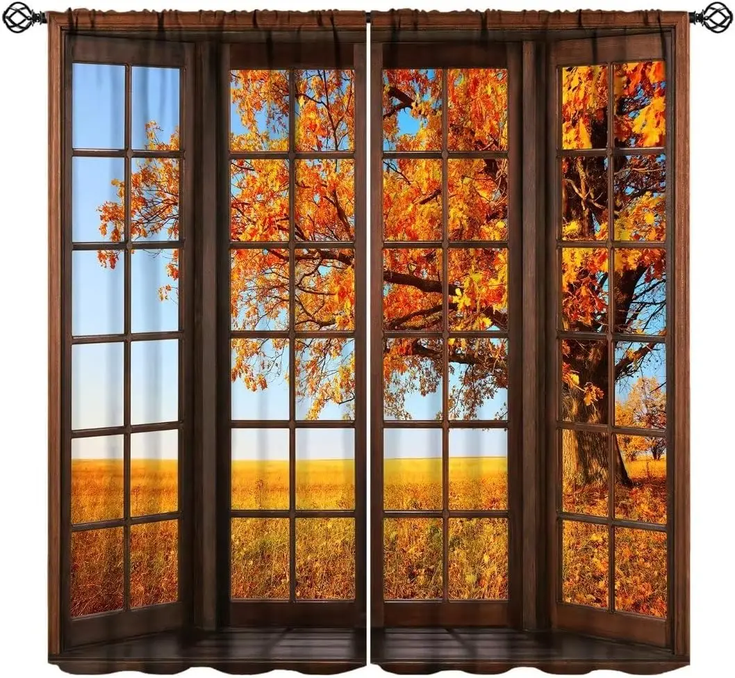 Autumn Window View Curtains Fall Trees Field Print for Living Room Bedroom Scenery Decor