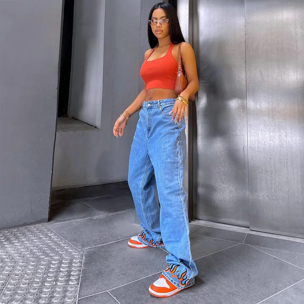 

Blue Denim Flame Print Streetwear Loose Jeans Zipper High Waist Bad Guy Clothes Straight Leg Pants Ladies Pocket Trousers