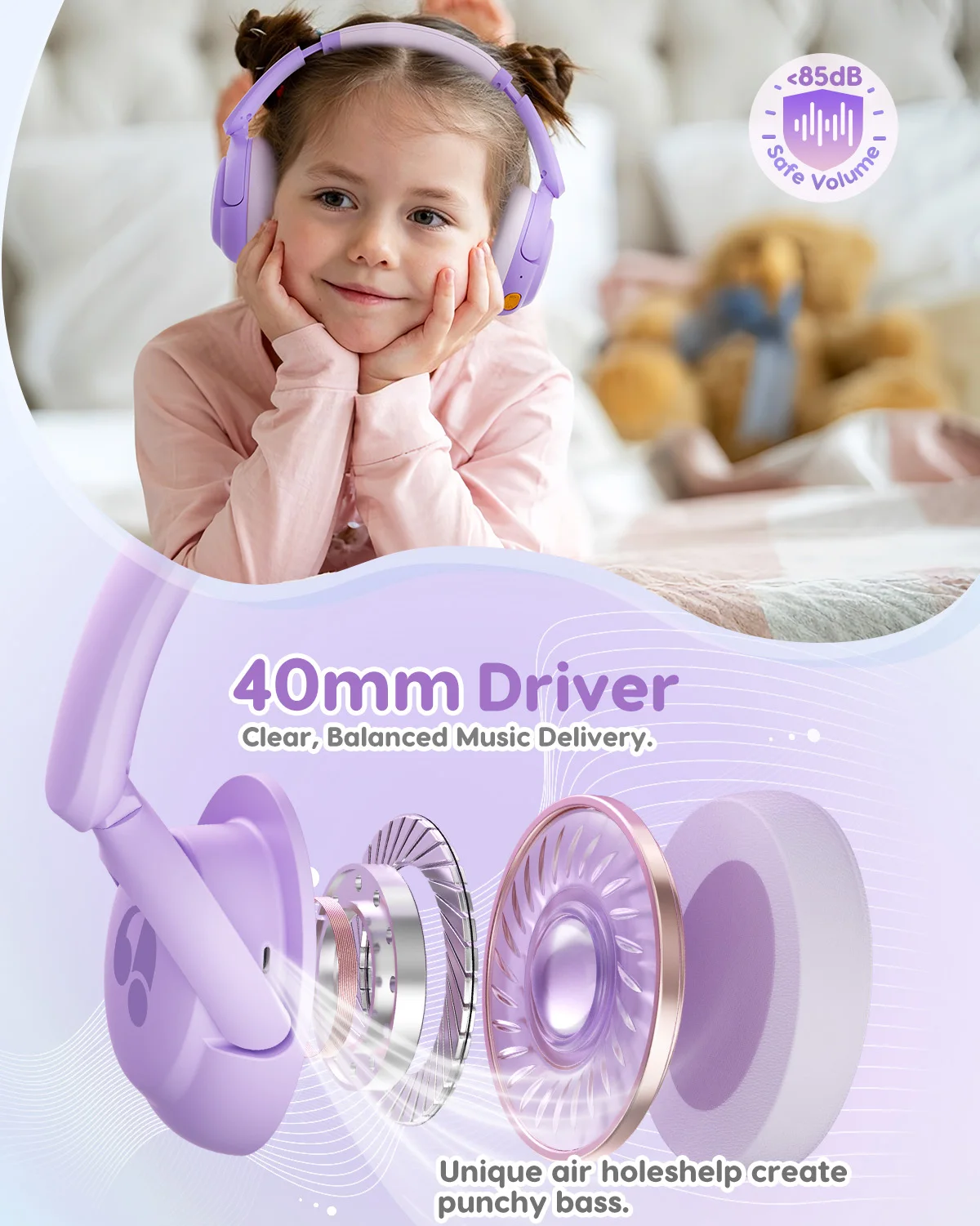 Headphone Nirkabel Awatrue Kids Over-Ear Bluetooth 5.4 untuk Balita, Volume Aman 85dB untuk iPad/YOTO Player/Tablet/Sekolah